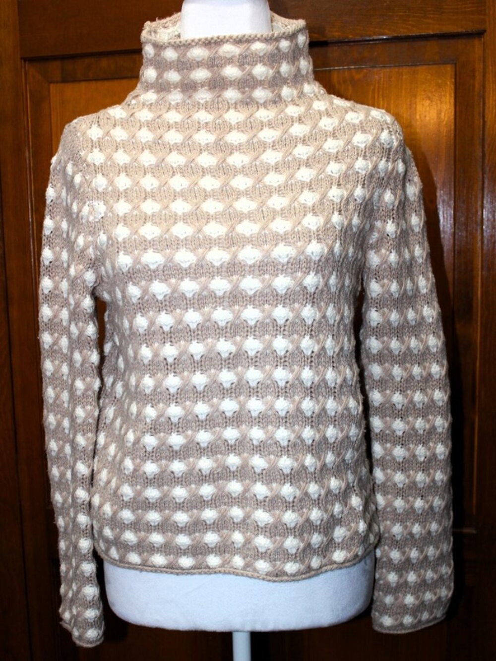 Knit sweater, turtleneck, beige & white, loose fit, size xsm
